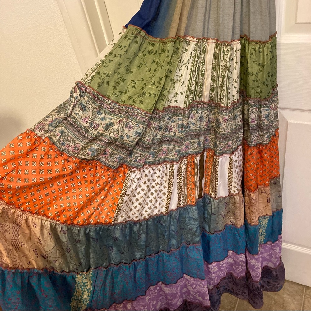 Sans Souci 100% Silk Multitexture Ruffle Boho Patchwork Maxi Dress Size M - Picture 12 of 14
